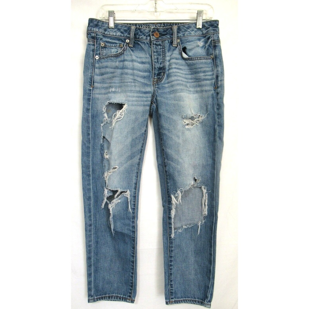 American Eagle Size 4 Boy Crop Destroyed Blue Boyfriend Jeans 100%‎ Cotton #30